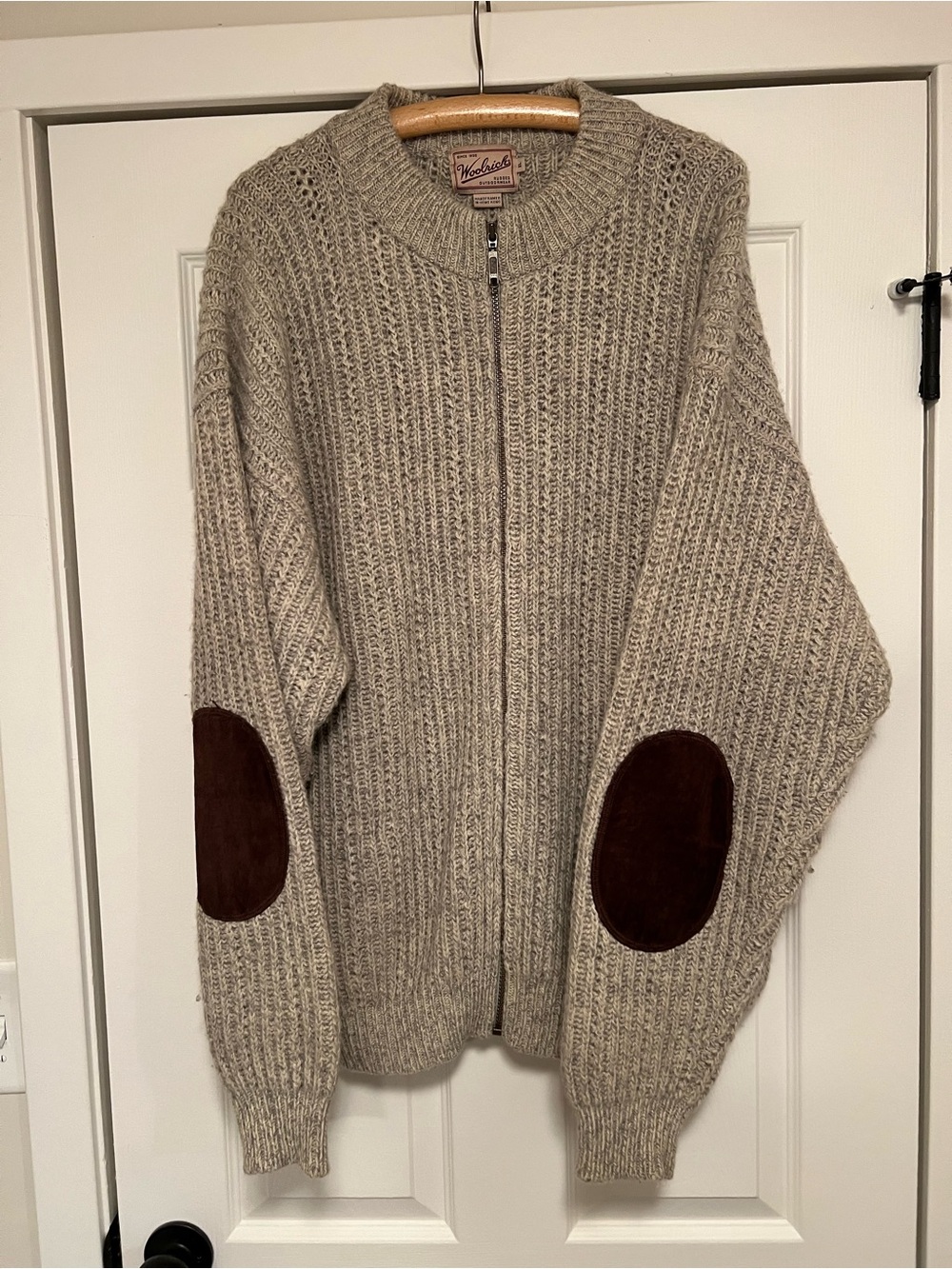 Woolrich Taupe Zip-Front Knit Sweater with Brown Elbow Patches